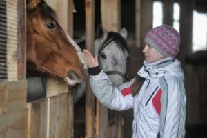 Mädchen mit zwei Pferden im Stall