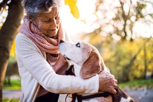 ältere frau streichelt älteren hund